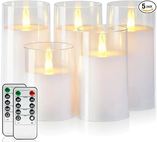 Amagic 3"×4" 5" 6" 6" 6" White Flameless Candles with Remote and Timer, Realistic Flickering Battery Operated Acrylic Led Fake Candles for Home Wedding Party Fall Christmas Decor, Set of 5