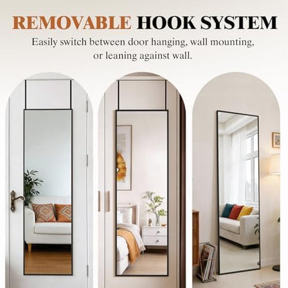 DUMOS 47x14 Full Length Mirror Over the Door, Wall Mounted Full Body Mirror, Door Hanging Metal Aluminum Alloy Frame Dressing Mirror for Bedroom, Living Room, Entryway, Black