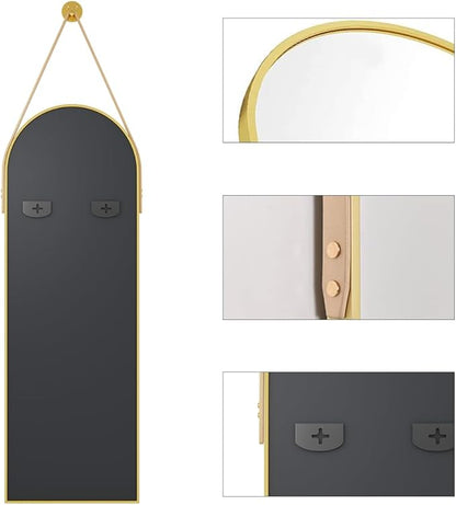 OGCAU 48'' x 16'' Full Length Mirror Wall-Mounted, Full Body Hanging Mirror for Wall and Door in Bedroom, Living Room, Arched-top with Straps, Hanging with Aluminum Alloy Frame (Gold)