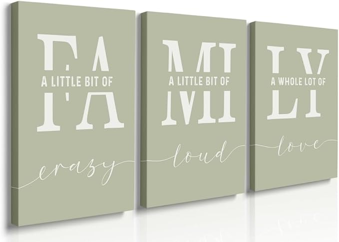 GUBIYU Farmhouse Family Wall Art Set of 3, Home Love Framed Canvas Prints for Living Room, Dining Room Decor, Sage Green 20"X28"