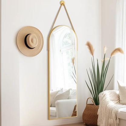 OGCAU 48'' x 16'' Full Length Mirror Wall-Mounted, Full Body Hanging Mirror for Wall and Door in Bedroom, Living Room, Arched-top with Straps, Hanging with Aluminum Alloy Frame (Gold)