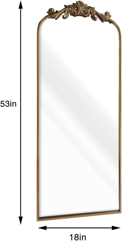 HQiJun Full Length Wall Mirror Decorative Full Body Mirrors Traditional Antique Arched Farmhouse for Living Room Bedroom Entryway Bathroom Vanity (58X13 Inches, Gold)
