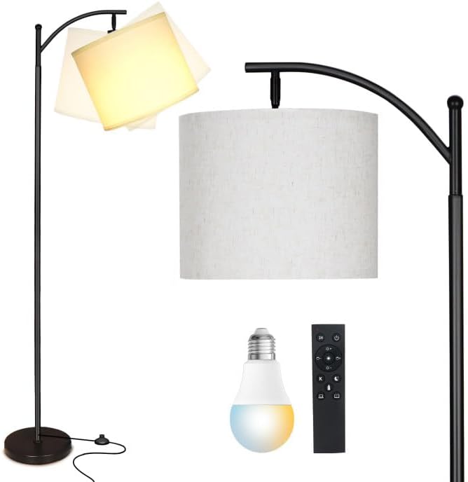 mukuxin LED Floor Lamps for Living Room, 12W 1200LM Modern Arc Floor Lamp with Remote & Adjustable Linen Lampshade, 12 Color Temperature Stepless Dimmable Tall Standing Lamp (White)