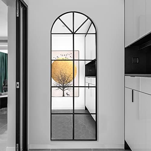 65×22" Arched Window Finished Full Length Mirror, Wall Mirror with Metal Frame, Home Decor Windowpane Mirror, Wall Mounted or Leaning, No Stand - Black