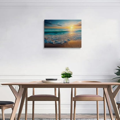 Coastal Sunset Canvas Wall Art Framed Print Serene Beach Scene with Golden Horizon Blue Waves Calming Ocean Wall Decor Artwork for Living Room Bathroom Decor 16x24 Inches