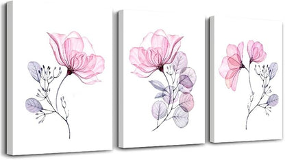 3 Piece Modern pink red Flowers Canvas Wall Art for Bedroom Living Room decor,Bathroom Wall Decor,3 Panels framed Wall Watercolor Painting Kitchen Home Decoration Canvas Print Artwork Wall Mural