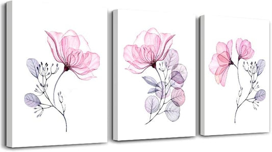 3 Piece Modern pink red Flowers Canvas Wall Art for Bedroom Living Room decor,Bathroom Wall Decor,3 Panels framed Wall Watercolor Painting Kitchen Home Decoration Canvas Print Artwork Wall Mural