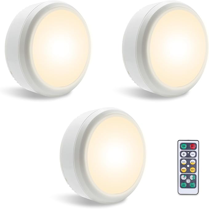 LEASTYLE Puck Lights with Remote,Battery Operated Under Cabinet Lighting with Dimmable Timer, 3000K Stick-On Closet Light Under Counter Lights for Kitchen(White,3 Pack)