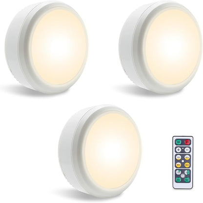 LEASTYLE Puck Lights with Remote,Battery Operated Under Cabinet Lighting with Dimmable Timer, 3000K Stick-On Closet Light Under Counter Lights for Kitchen(White,3 Pack)