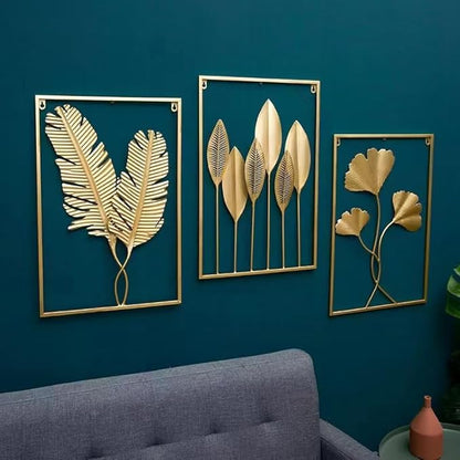 GSANMU Modern Metal leaf Wall Decor - 3 Pcs Yellow Large Hanging Wall Art Home Nature Decor for Indoor,Living Room, Office and Hotel 23.6×15.7 inch