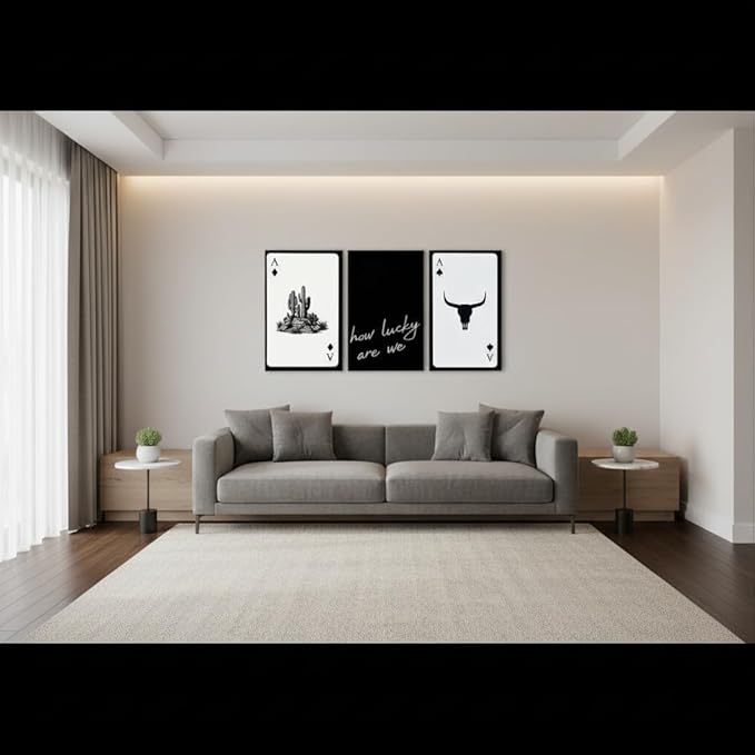 Yxjyzzkx 3-Piece Western Playing Card Wall Art Canvas Set, Black and White Cowboy Aesthetic Wall Decor, Ace of Spades Longhorn Minimalist Quote Canvas Prints for Living Room Bedroom Office