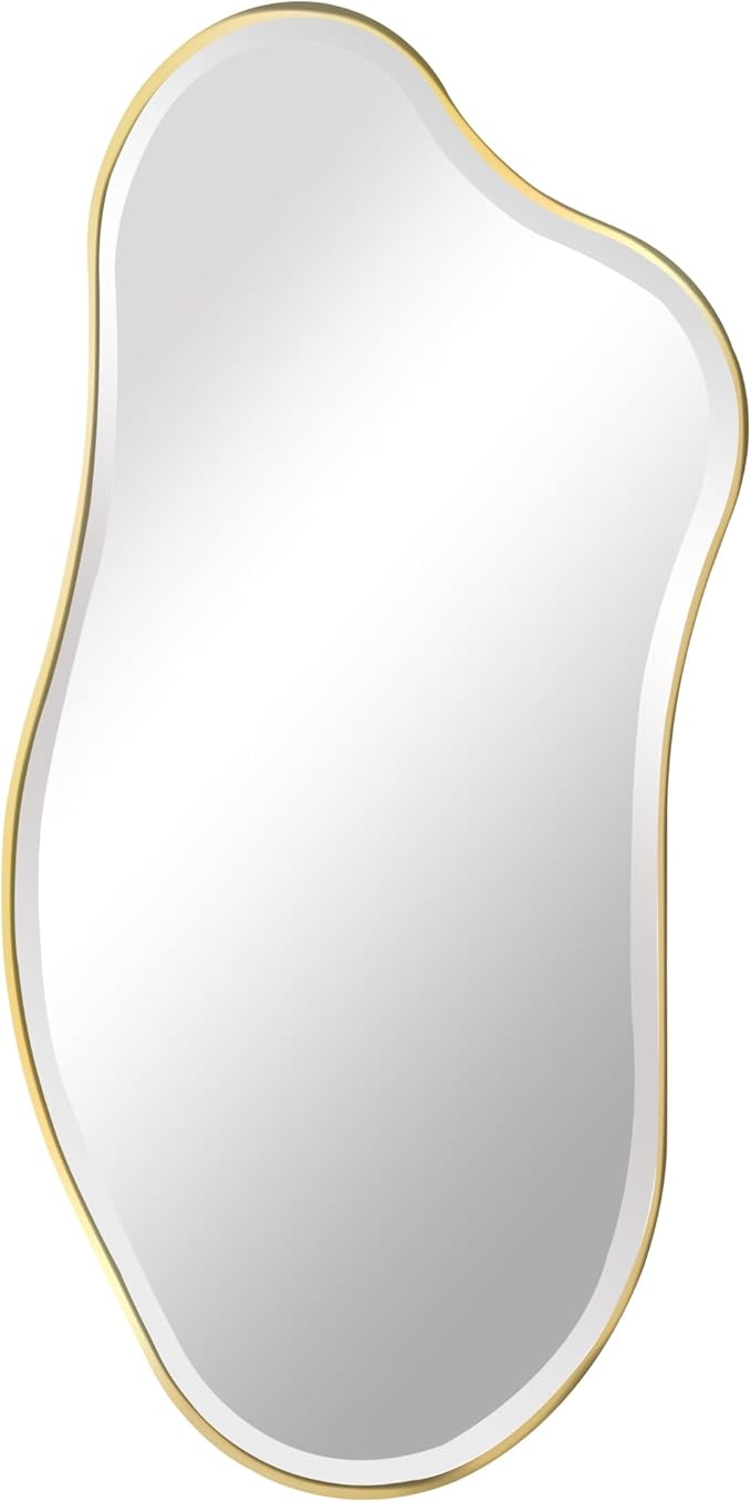 POZINO Irregular Beveled Mirror, 40"x20" Premium Asymmetrical Mirror with Gold Metal Frame, Modern Organic Shaped Mirrors for Living Room Bathroom Bedroom Hallway Entryway, Horizontal/Vertical Hanging