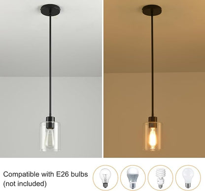 Black Pendant Lights Kitchen Island,Modern Farmhouse Glass Pendant Light,Light Fixture Kitchen Pendant Mini Hanging Light Fixture for Sink (Black 2 Pack Stem Rod)