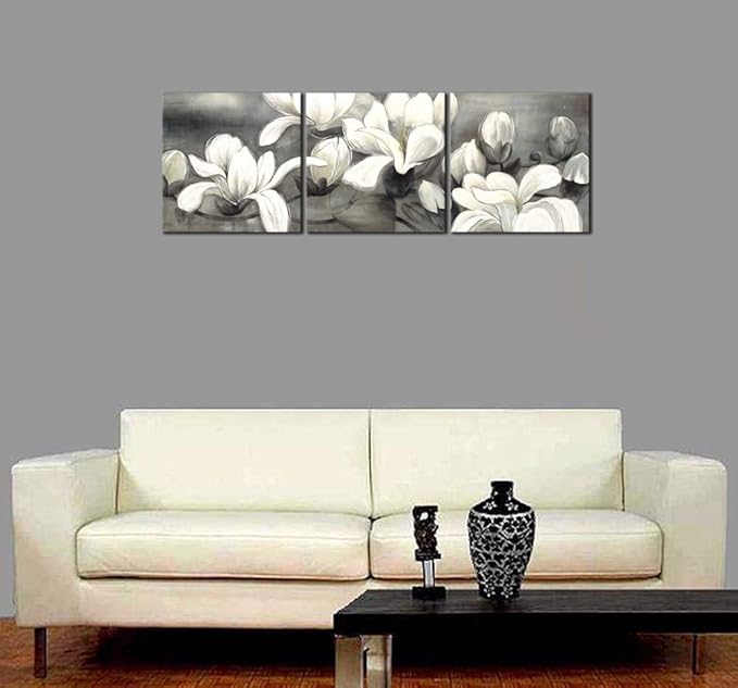 Wieco Art Magnolia Flowers Canvas Prints Wall Art 3 pcs White and Grey Floral Pictures Paintings Ready to Hang for Living Room Bedroom Home Decorations Modern Stretched and Framed Grace Giclee