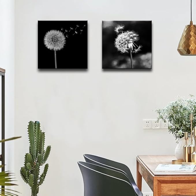 weiyiart Black and White Floral Wall Art, Dandelion Canvas Painting Prints Artwork, Rustic Minimalist Flower Botanical Pictures for Farmhouse Bathroom Bedroom Living Room Decor, 16x16x4pcs