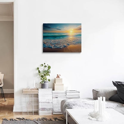 Coastal Sunset Canvas Wall Art Framed Print Serene Beach Scene with Golden Horizon Blue Waves Calming Ocean Wall Decor Artwork for Living Room Bathroom Decor 16x24 Inches