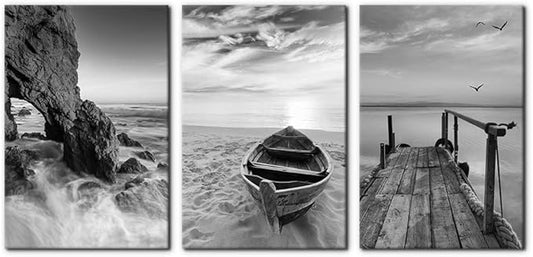 Pacimo 3 Panels Set Framed Canvas Wall Art Print for Seascape Beach and Boat Sunrise Scenery Black and White Giclee Canvas Print Modern Artwork for Wall Decor Ready to Hang - 16"x24"x3 Panels