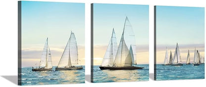 Hardy Gallery sailboat wall art coastal pictures: nautical wall decor sailing artwork blue ocean print in canvas painting for bathroom 12" x 16" x 3 panels