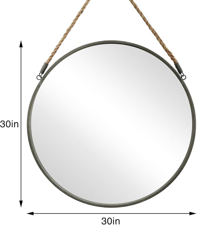 POZINO Round Rope Mirror, 30 Inch Large Circle Farmhouse Mirror, Hanging Mirror for Bathroom Bedroom Living Room Bathroom Entryway Fireplace, Grey