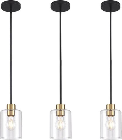 Modern 3 Pack Black Gold Pendant Lights for Kitchen Island, Brushed Brass Modern Hanging Light with Clear Glass Shade, Adjustable Metal Rod Pendant Lighting for Dining Room, Living Room, Bar, Entryway