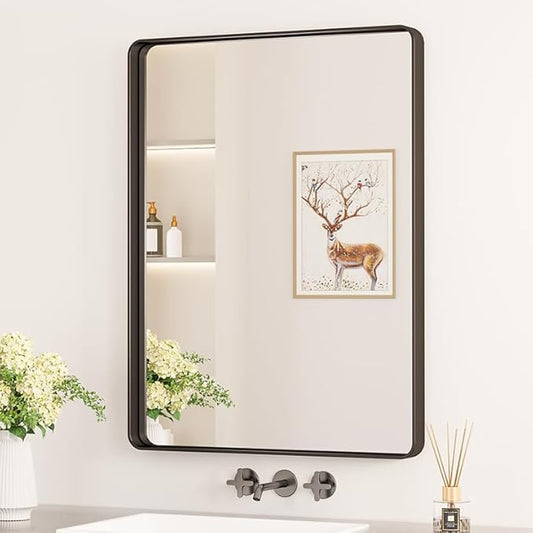 Keonjinn Black Bathroom Mirror for Over Sink, 24 x 32 Inch Matte Black Vanity Mirror, Rounded Corner Rectangle Farmhouse Mirror, HD Tempered Glass, Modern Decorative Mirror with Sandblasted Finish