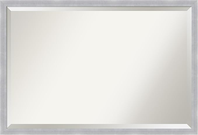 Amanti Art Silver Bathroom Mirror for Over Sink, 26x38 Grace Brushed Nickel Narrow Rectangle Vanity Mirror, Large Modern Frame, Hangs Horizonally and Vertically, Bathroom Wall Decor, Beveled Edge