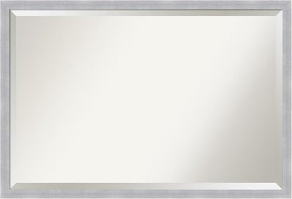 Amanti Art Silver Bathroom Mirror for Over Sink, 26x38 Grace Brushed Nickel Narrow Rectangle Vanity Mirror, Large Modern Frame, Hangs Horizonally and Vertically, Bathroom Wall Decor, Beveled Edge