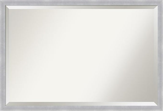 Amanti Art Silver Bathroom Mirror for Over Sink, 26x38 Grace Brushed Nickel Narrow Rectangle Vanity Mirror, Large Modern Frame, Hangs Horizonally and Vertically, Bathroom Wall Decor, Beveled Edge