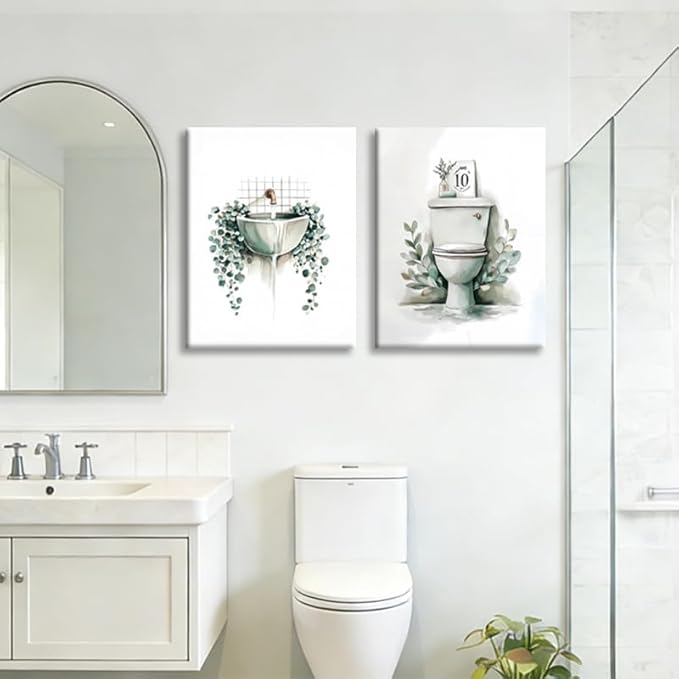 Frimeeme 3 Piece Sage Green Botanical Bathroom Decor, Framed Canvas Wall Art Set, bathroom wall art with leaves, 12x16 Inches Ready to Hang Prints