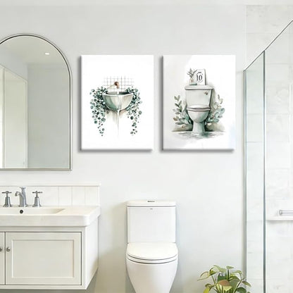 Frimeeme 3 Piece Sage Green Botanical Bathroom Decor, Framed Canvas Wall Art Set, bathroom wall art with leaves, 12x16 Inches Ready to Hang Prints