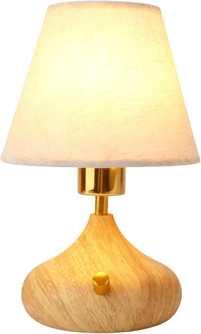Nightstand Table Lamp with Knob Switch,Seamless Dimming, Wood Base & Fabric Shade, E26 Bulb Included, Compact Bedside Lamp for Bedroom, Living Room, Office