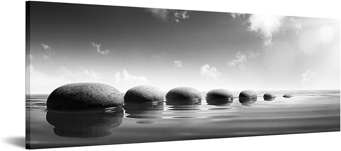 iKNOW FOTO Large Tranquil Zen Stones Canvas Print Monochrome Spa Wall Decor for Home & Office - Serene Nature Artwork for Living Room, Bathroom Mindfulness Black & White Picture 20x55 Inch