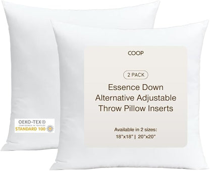 Coop Home Goods Essence Adjustable Throw Pillow Inserts 18x18, Set of 2, Adjustable Down Alternative Cushions for Couch, Bed, or Chair, Decorative Square Pillows for Living Room, Oeko-Tex Certified