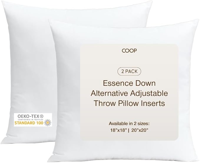 Coop Home Goods Essence Adjustable Throw Pillow Inserts 20x20, Set of 2, Adjustable Down Alternative Cushions for Couch, Bed, or Chair, Decorative Square Pillows for Living Room, Oeko-Tex Certified