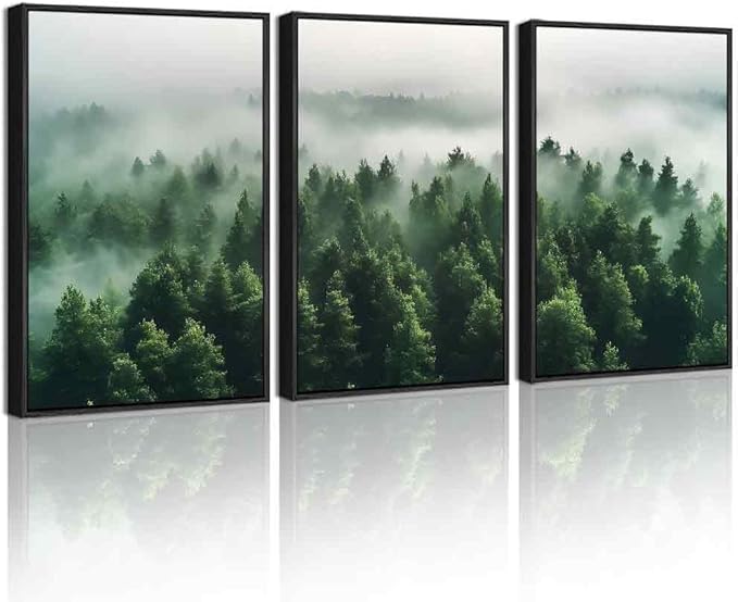 PHOPAGO Green Fog Pine Tree Framed Wall Art Nature Misty Nordic Forests Artwork Morden Paints Bedroom Living Room Home Decor - 11x14in Black Framed