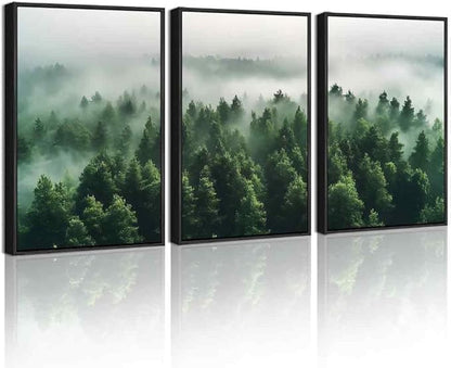 PHOPAGO Green Fog Pine Tree Framed Wall Art Nature Misty Nordic Forests Artwork Morden Paints Bedroom Living Room Home Decor - 11x14in Black Framed