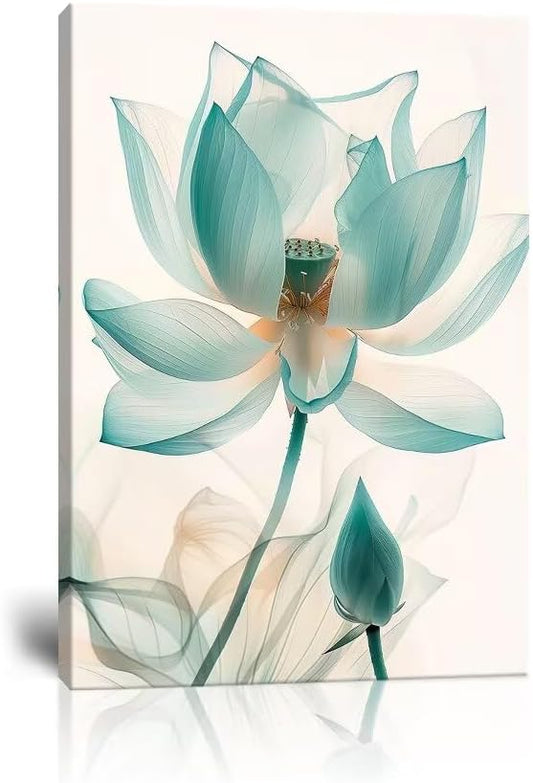 Wall HDQ Lotus Canvas Wall Art for Living Room White and Blue Flower Picture for Bathroom Home Decorations Print Painting Wall Decor Framed