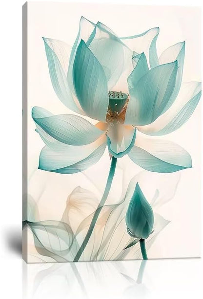 Wall HDQ Lotus Canvas Wall Art for Living Room White and Blue Flower Picture for Bathroom Home Decorations Print Painting Wall Decor Framed