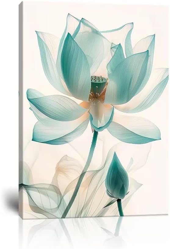 Wall HDQ Lotus Flower Canvas Wall Art for Living Room White and Blue Floral Picture Wall Decor for Bathroom Home Decorations Print Painting Framed