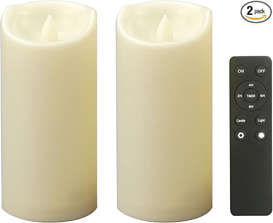 CANDLE CHOICE Outdoor Battery-Operated Flameless Candles with Remote Timer Waterproof Flickering Plastic Electric LED Pillar Lights for Lantern Patio Garden Wedding Halloween Christmas 3”x7” 2 Pack