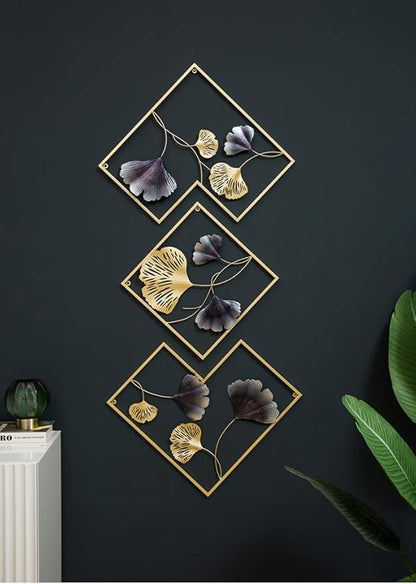 MKUN Iron Wall Sculptures - Set of 3 Diamond shaped Metal Wall Decor with Gingko Biloba Art Great for Home Hotel Decoration(Gold&Gray)