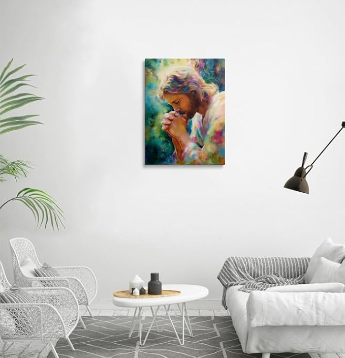 Praying Jesus Canvas Wall Art Colorful abstract Christianity Painting Picture Wall Decor religious Poster Print Artwork for Prayer Room Living Room 16x24 Inches
