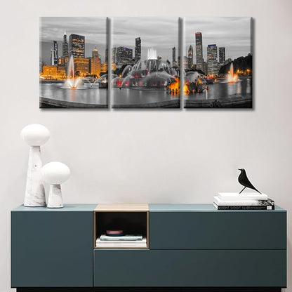 TUMOVO 3 Pieces Home Decor American Cityscape Wall Art Chicago Skyline Panorama with Skyscrapers and Buckingham Fountain at Twilight Bedroom Decor Wall Art Framed Ready to Hang (36" Wx16 H)