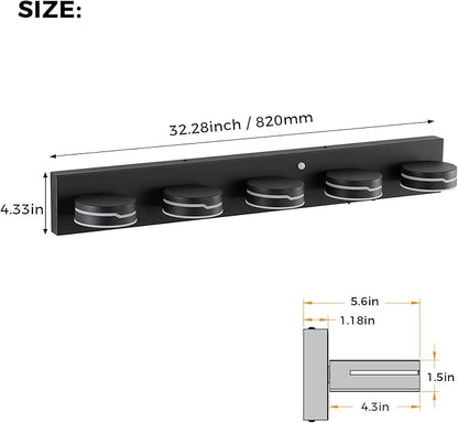 32" Motion Sensor Vanity Light, Matte Black 3CCT 5-Light Modern LED Bathroom Lighting Fixtures Over Mirror, Rotatable Head, Dimmable 3000K-6000K Color Changing Wall Sconce
