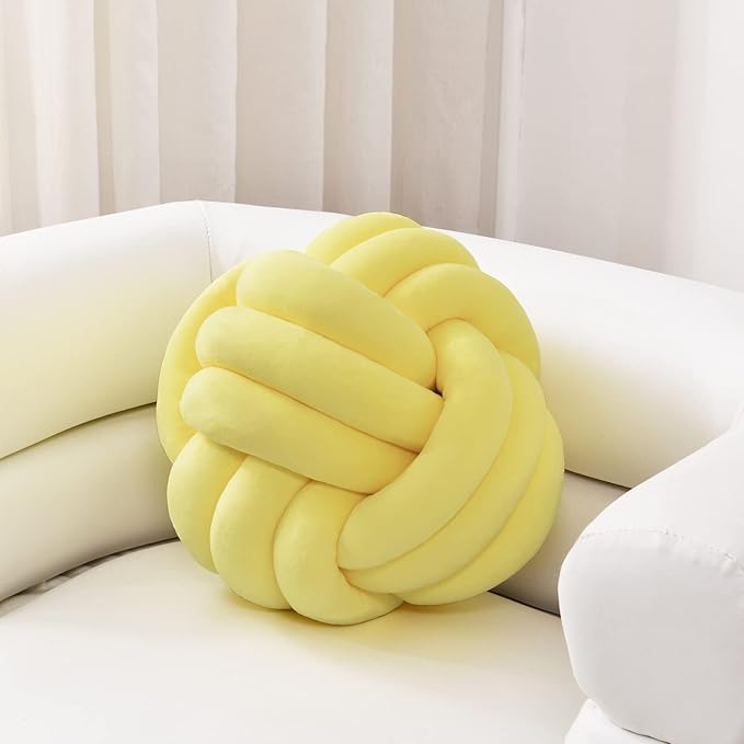 Sioloc Soft Knot Ball Pillows,Round Throw Pillow Cushion Home Decoration Plush Pillow,Throw Knotted Pillow Handmade Round Plush Pillow（13.7inches,Yellow）