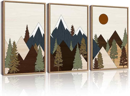 Drsoum Morden Mountains Landscape Wall Art Framed Boho Pine Tree Forest Nature Prints Boho Farmhouse Rustic Artwork Hallway Bedroom Ready to Hang 16x24in Natural Framed