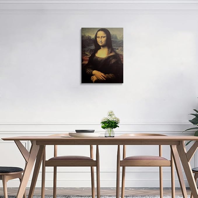 Funny Mona Lisa Canvas Wall Art Holding Her Nose with Clothespin Novelty Bathroom Wall Decor Framed Print Parody Stinky Joke Poster Artwork for Toilet Powder Room 12x16 Inches