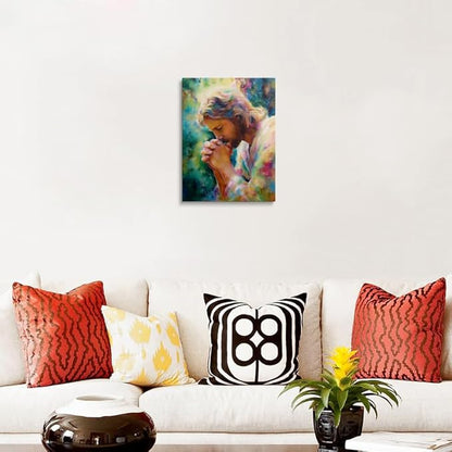 Praying Jesus Canvas Wall Art Colorful abstract Christianity Painting Picture Wall Decorreligious Poster Print Artwork for Prayer Room Living Room 12x16 Inches
