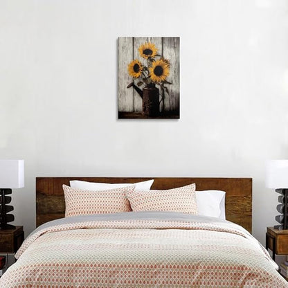 Farmhouse Sunflower Canvas Wall Art Framed Print Rustic Still Life with Vintage Watering Can on Whitewashed Wood Wall Decor Artwork for Kitchen Country Decor 16x24 Inches