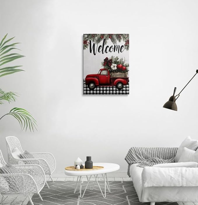Farmhouse Christmas Welcome Canvas Wall Art Framed Rustic Red Truck Wall Decor with Holly Pine Branches Vintage Holiday Artwork Print Poster for Living Room Front Door 16x24 Inches